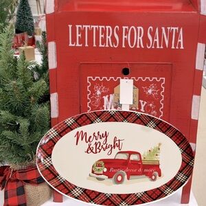 Red Pickup Truck Christmas Serving Platter Kitchen Farmhouse  Plaid Trim 15”x10”